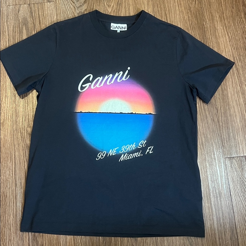 Ganni Navy Tee with Vibrant Sunset Graphic